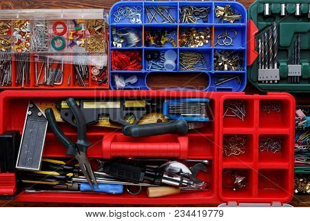 Tool Boxes Set Containing A Hammer, Pliers, Screwdriver, Removable Screwdriver Heads, Nails And Othe