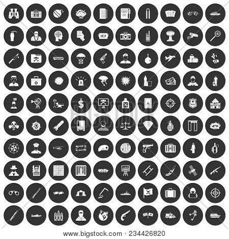 100 Antiterrorism Icons Set In Simple Style White On Black Circle Color Isolated On White Background