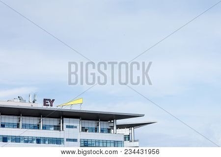 Belgrade, Serbia - March 30, 2018: Ernst And Young (ey) Logo On Their Main Office For Serbia. Ey Is 