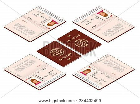 Vector Isometric Blank Open Passport Template. International Passport With Sample Personal Data Page