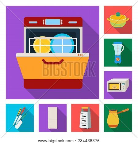 Kitchen Equipment Flat Icons In Set Collection For Design. Kitchen And Accessories Vector Symbol Sto