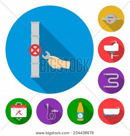 Plumbing, Fitting Flat Icons In Set Collection For Design. Equipment And Tools Vector Symbol Stock  