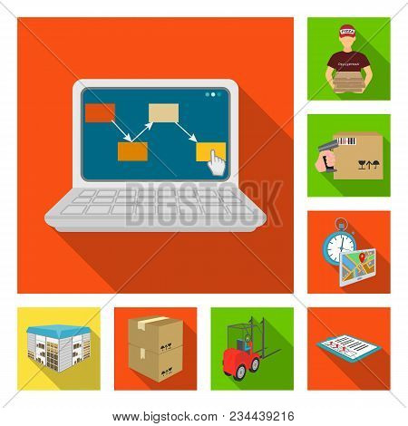 Logistics And Delivery Flat Icons In Set Collection For Design. Transport And Equipment Isometric Ve