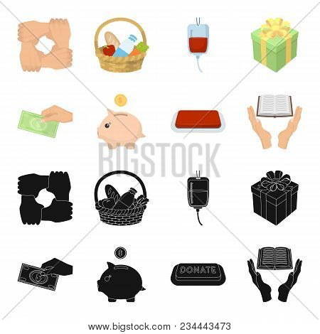 Hand With Money For Poshestvovaniya, A Piggy Bank For Charity, A Button With An Inscription, A Book 