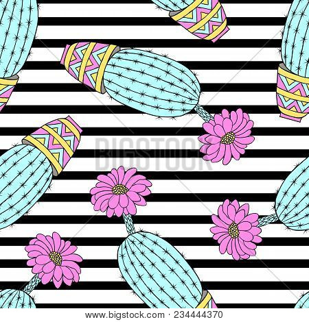 Seamless Pattern With Colorful Hand Drawn Cactuses On Striped Background.