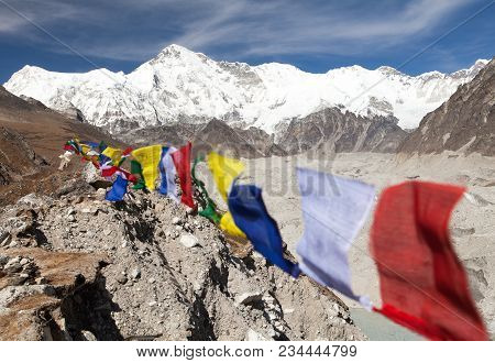 Mount Cho Oyu With Prayer Flags - Way To Cho Oyu Base Camp, Gokyo Valley, Everest Area, Sagarmatha N