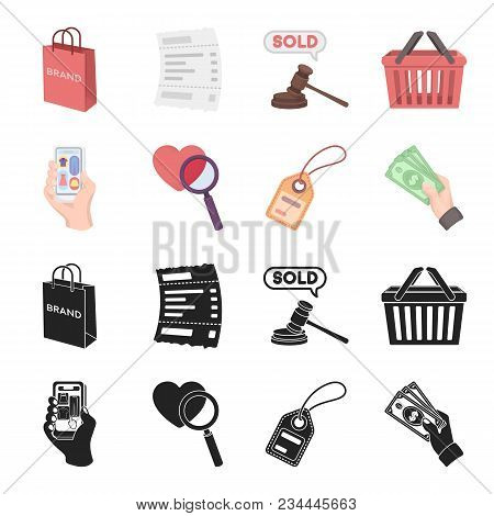 Hand, Mobile Phone, Online Store And Other Equipment. E Commerce Set Collection Icons In Black, Cart