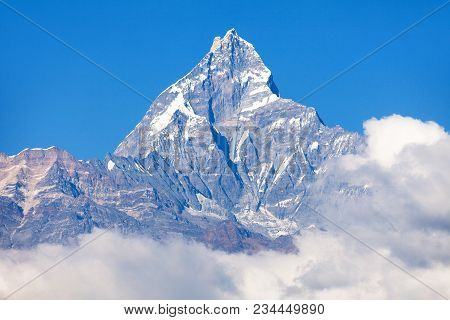 Blue Colored View Of Mount Machhapuchhre, Annapurna Area, Nepal Himalayas Mountains