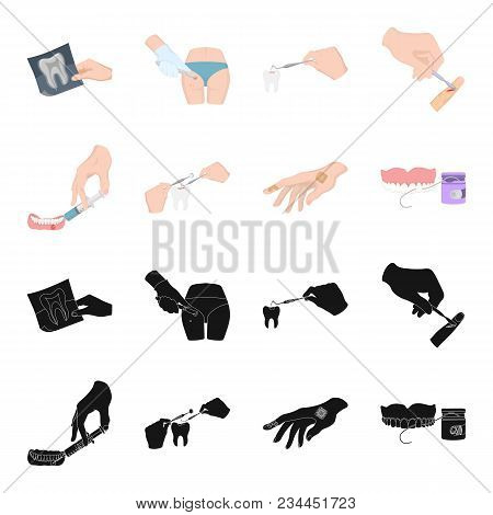 Anesthetic Injection, Dental Instrument, Hand Manipulation, Tooth Cleaning And Other  Icon In Black,