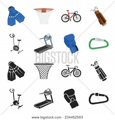 Exercise Bike, Treadmill, Glove Boxer, Lock. Sport Set Collection Icons In Black, Cartoon Style Vect