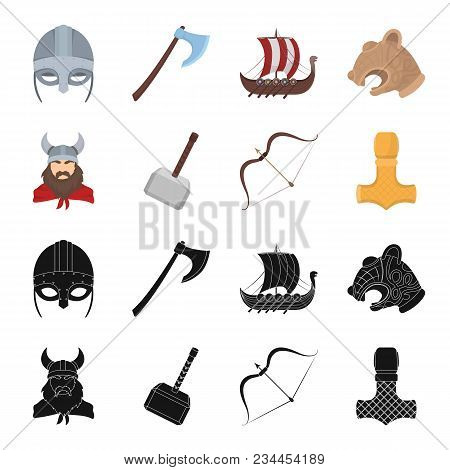 Viking In Helmet With Horns, Mace, Bow With Arrow, Treasure. Vikings Set Collection Icons In Black, 