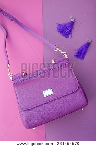 Purple Shoulder Bag, Purple Earrings, Purple Purple Background. Purple Shoulder Bag