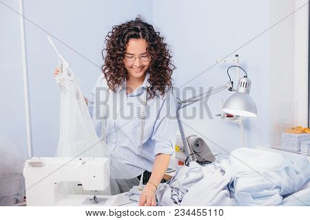 Seamstress Showing Master Class Of Creating Beautiful Nightgown. Teaching Ti Sew. Sewing Lessons