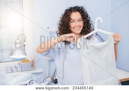 Dressmaker Testing New Scissors At Workout. Instrument For Tailor. Handicraft