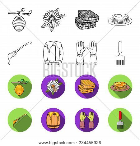 A Spoon Of Honey, Protective Gloves, A Barrel Of Honey, A Fork.apiary Set Collection Icons In Outlin
