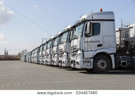 Burg / Germany - June 11, 2017: German Mercedes Benz Actros Trucks From Haulage Firm Neumann Stands 
