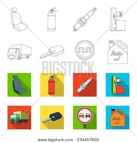 Truck With Awning, Ignition Key, Prohibitory Sign, Engine Oil In Canister, Vehicle Set Collection Ic