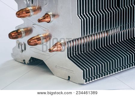 Aluminum Radiator With Copper Heat Pipe Close-up With Beautiful Bokeh Metallic