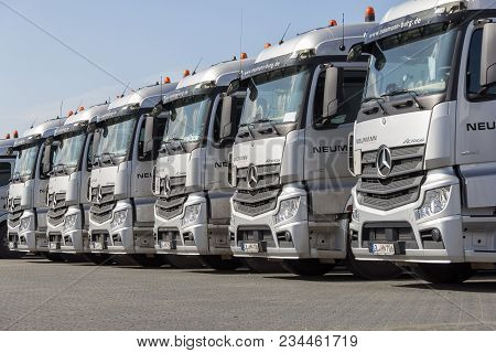 Burg / Germany - June 11, 2017: German Mercedes Benz Actros Trucks From Haulage Firm Neumann Stands 