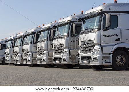 Burg / Germany - June 11, 2017: German Mercedes Benz Actros Trucks From Haulage Firm Neumann Stands 