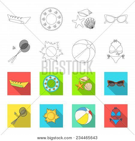 A Game Of Badminton, A Ball And The Sun.summer Vacation Set Collection Icons In Outline, Flet Style 