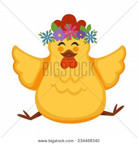 Cartoon Chicken Chick Character For Easter Or Kid Birthday Greeting Card Design Template. Vector Iso