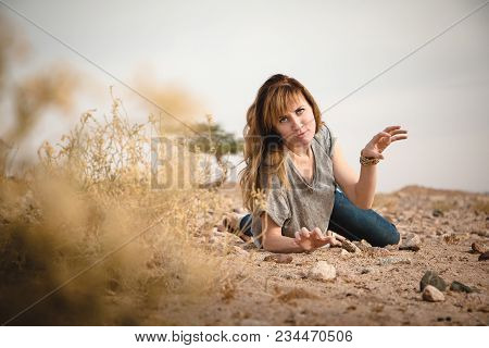 Girl Have Fun In Desert In A Summer Day