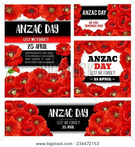 Anzac Day Australian And New Zealand Army Force Memorial Banner With Red Poppy Flower Frame. World W