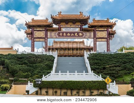 Hacienda Heights, Ca, Usa - March 23, 2018:  Majestic Torii Entrance Gate Of Hsi Lai Buddhist Temple