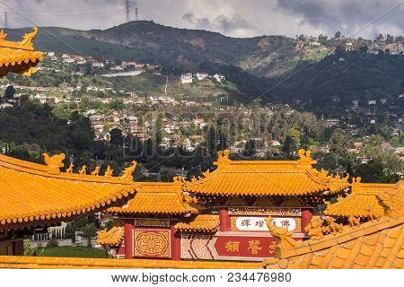 Hacienda Heights, Ca, Usa - March 23, 2018: Red Ochre Roof Structures Of Hsi Lai Buddhist Temple Und
