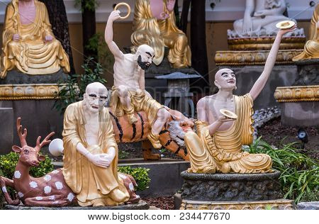 Hacienda Heights, Ca, Usa - March 23, 2018:  Closeup Of Golden Draped Maitraya On Tiger, Ajita On De