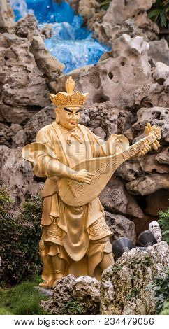 Hacienda Heights, Ca, Usa - March 23, 2018:  Closeup Of Golden Dhrtarastra The East Heavenly King In