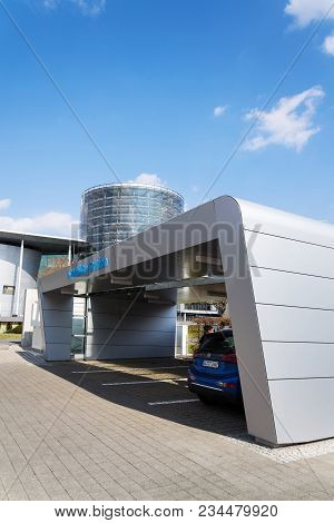 Dresden, Germany - April 2 2018: Volkswagen E-mobility Charging Station In Front Of The Glaserne Man