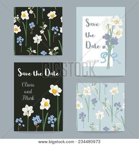 Floral Greeting Cards Set Collection. Vector Illustration. Daffodils, Forget Me Not Flowers On Black