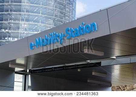 Dresden, Germany - April 2 2018: Volkswagen E-mobility Charging Station In Front Of The Glaserne Man