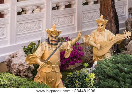 Hacienda Heights, Ca, Usa - March 23, 2018:  Closeup Of Golden Dhrtarastra And Virudhaka, The East A