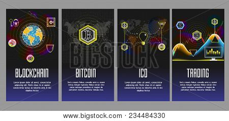 Cryptocurrency And Blockchain Poster, Banner Set. Vector Glowing Neon Light Illustration. Blockchain