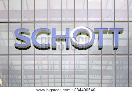 Mainz, Germany - February 10: The Glass Facade Of Schott Ag Headquarters In Mainz With Tinted Window
