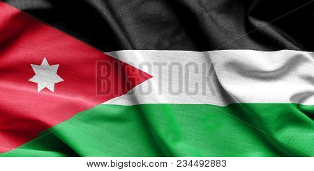 Waving Flag Of Jordan. Flag Has Real Fabric Texture.