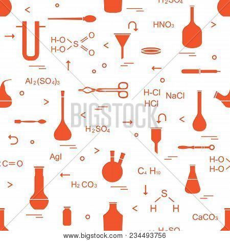 Pattern With Chemical, Biological, Scientific, Education And Research Elements: Flasks, Formulas, Be