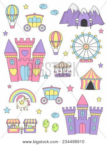 Fantasy Fairy Tale World Princess Castle Items And Design Elements Collection. Dragon Cave, Coach, U