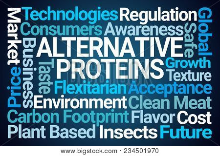 Alternative Proteins Word Cloud on Blue Background
