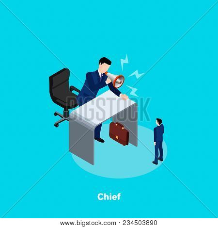 A Man In A Business Suit Emotionally Speaks Into A Loudspeaker, An Isometric Image