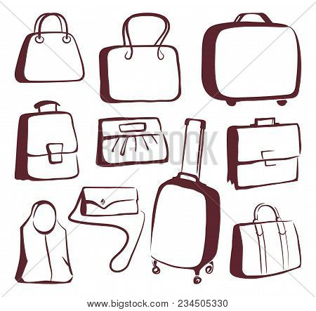 Planimetric Sketches Of Bags And Suitcases. Vector Illustration. Flat Illustration