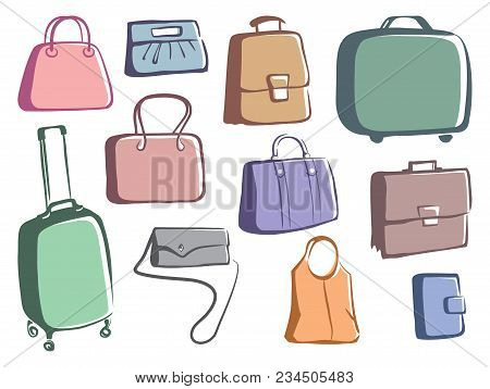 Planimetric Sketches Of Bags And Suitcases. Vector Illustration. Flat Illustration