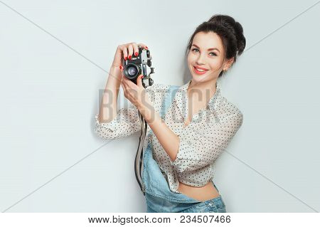 Fashion Look, Pretty Cool Young Woman Model With Retro Camera Wearing In Denim Clothes Posing On Whi