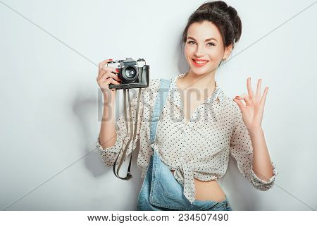 Fashion Look, Pretty Cool Young Woman Model With Retro Camera Wearing In Denim Clothes Posing On Whi