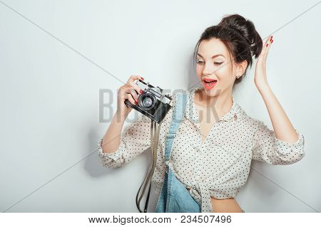 Fashion Look, Pretty Cool Young Woman Model With Retro Camera Wearing In Denim Clothes Posing On Whi