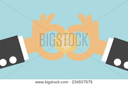 Two Comic Business Hands Holding Golden Bitcoin - Illustration