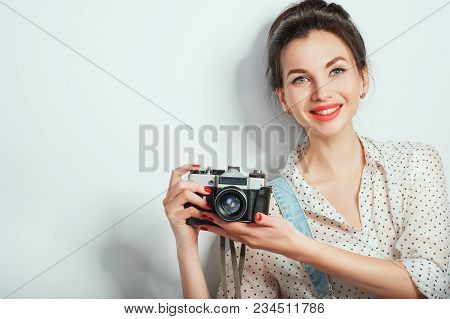 Fashion Look, Pretty Cool Young Woman Model With Retro Camera Wearing In Denim Clothes Posing On Whi